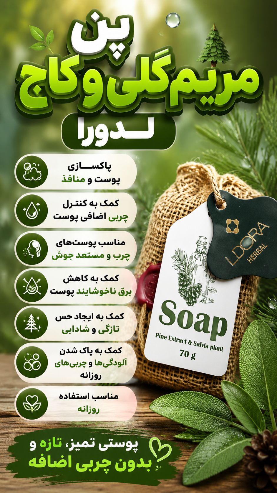 صابون گیاهی حاوی عصاره‌ کاج وگیاه مریم‌گلی لدورا هربال 70 گرمی